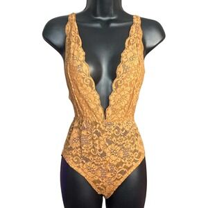 Free People We Are HAH Comin In HAHT Bodysuit Brown Sugar Lace S Open Back